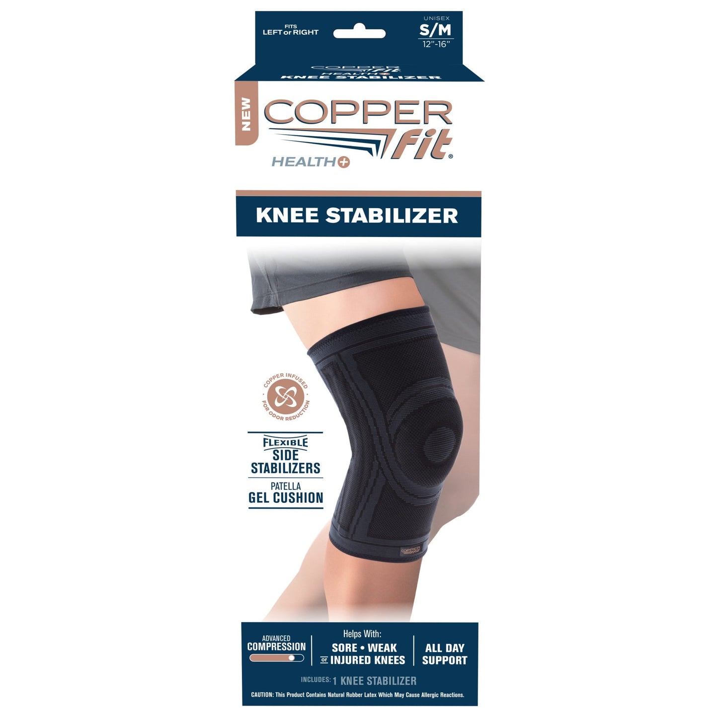 Copper Fit health knee stabilizer sleeve in S/M size, designed for support and compression during physical activity.