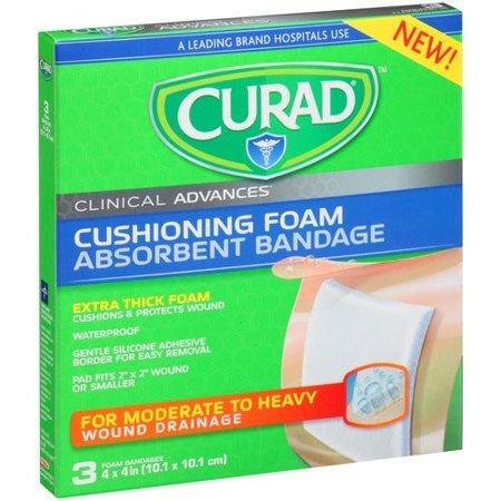 Curad cushioning foam absorbent bandage for first aid, providing soft, protective coverage for minor cuts and wounds.