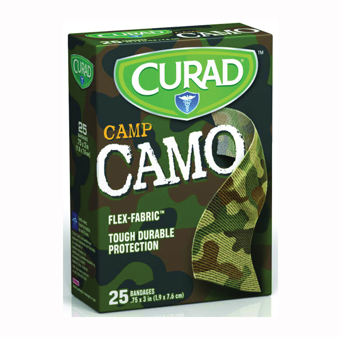 Curad Kids adhesive bandages with green camouflage design, 3/4 inch by 3 inches, for children's first aid needs.