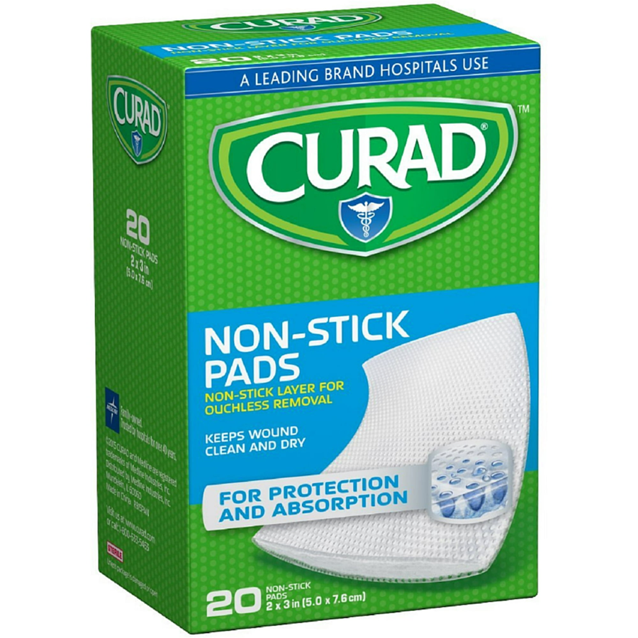 Curad small non-stick first aid pads, 2 x 3 inches, for wound dressing and protection, by Pasteur Pharmacy.