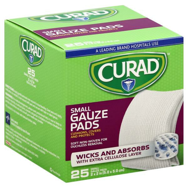 Sterile 2x2 Curad Gauze Pads for first aid wound dressing, brand Pasteur Pharmacy, shown on a white background.
