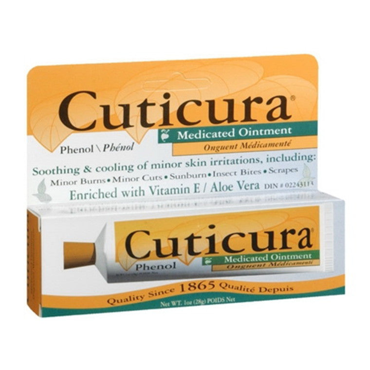 Medicated Cuticura ointment with phenol in a 1 oz tube, used for first aid skin treatment, by Pasteur Pharmacy.