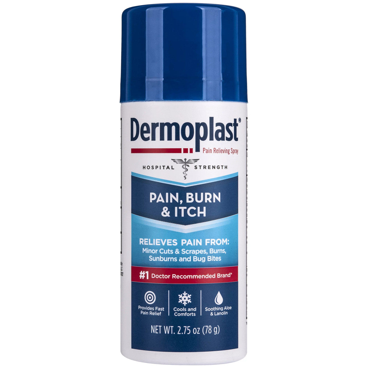 Pasteur Pharmacy Dermoplast Pain, Burn & Itch Relief Spray in 3 oz bottle, hospital strength first aid spray for soothing skin relief.
