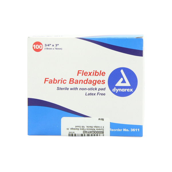 Sterile Dynarex adhesive fabric bandages, 3/4 inch by 3 inches, used for first aid wound coverage and protection.