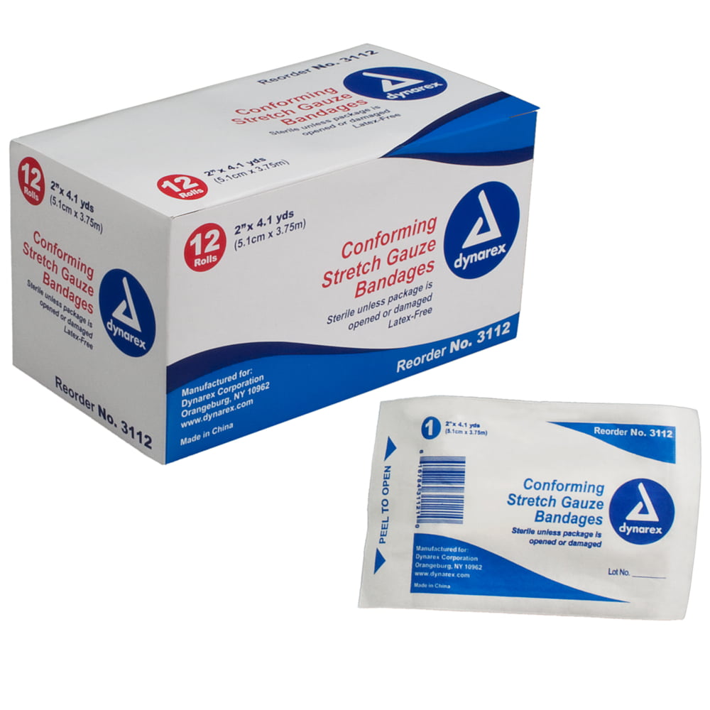 Sterile Dynarex stretch gauze bandage in a 2-inch roll, suitable for first aid wound dressing, by Pasteur Pharmacy.