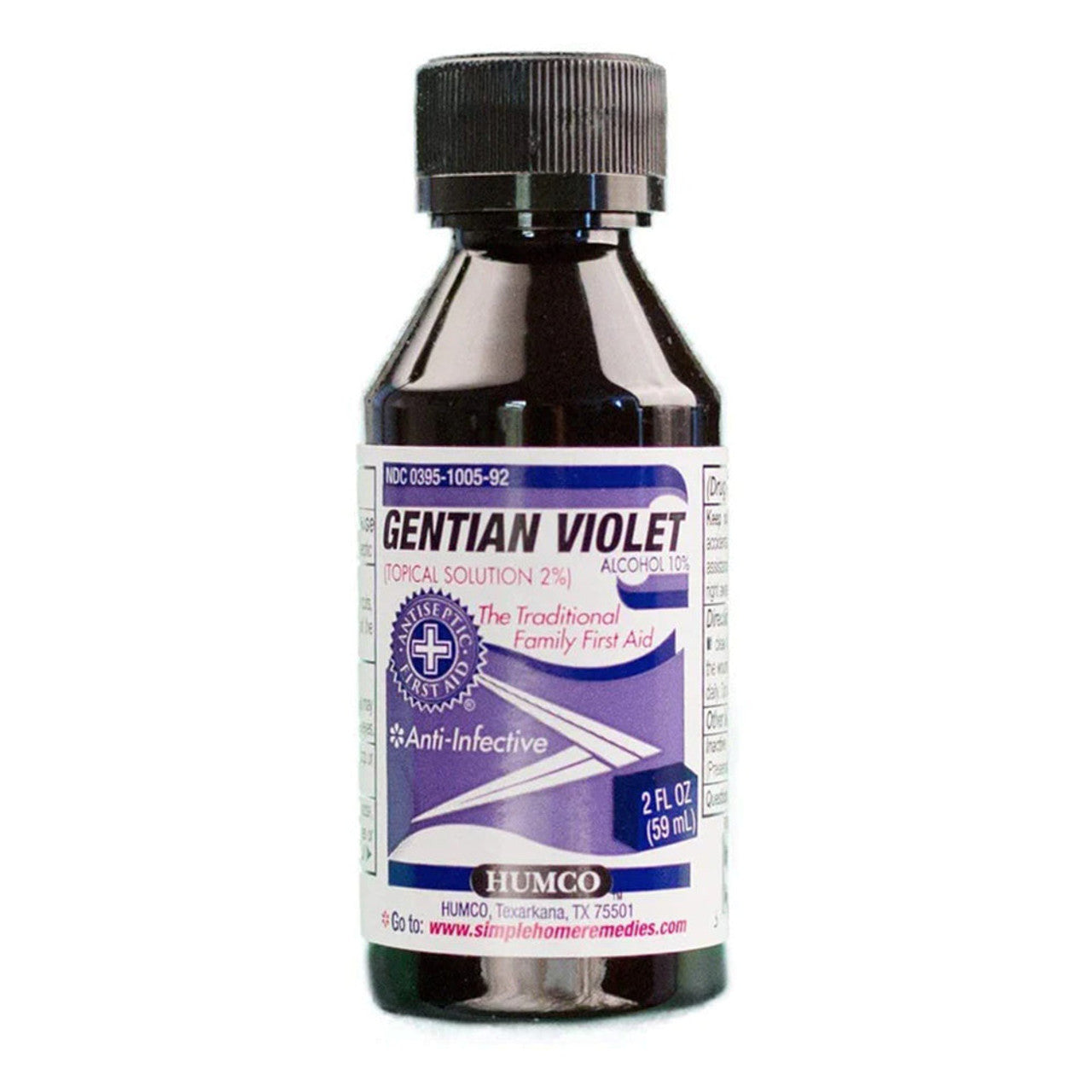 Humco Gentian Violet 2.2 oz first aid antiseptic solution in a clear bottle with purple liquid, used for skin infections and wound care.