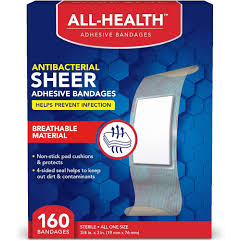 LDR® Sheer adhesive bandages, 3/4" x 3", first aid supplies by Pasteur Pharmacy, showing transparent, skin-tone bandages in a 100-count box.