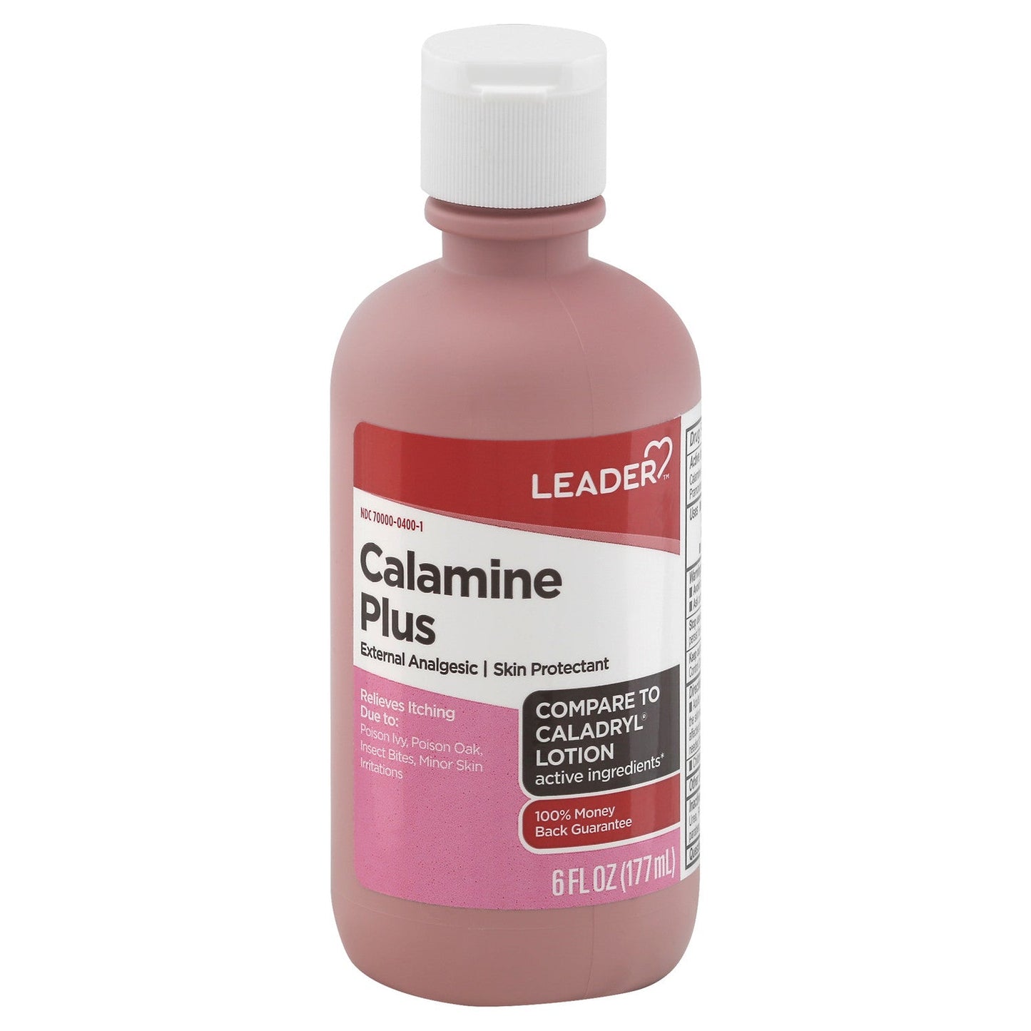 Leader™ Calamine Plus Itch Relief Lotion in a 6 oz bottle, first aid treatment for soothing skin irritation and itching.