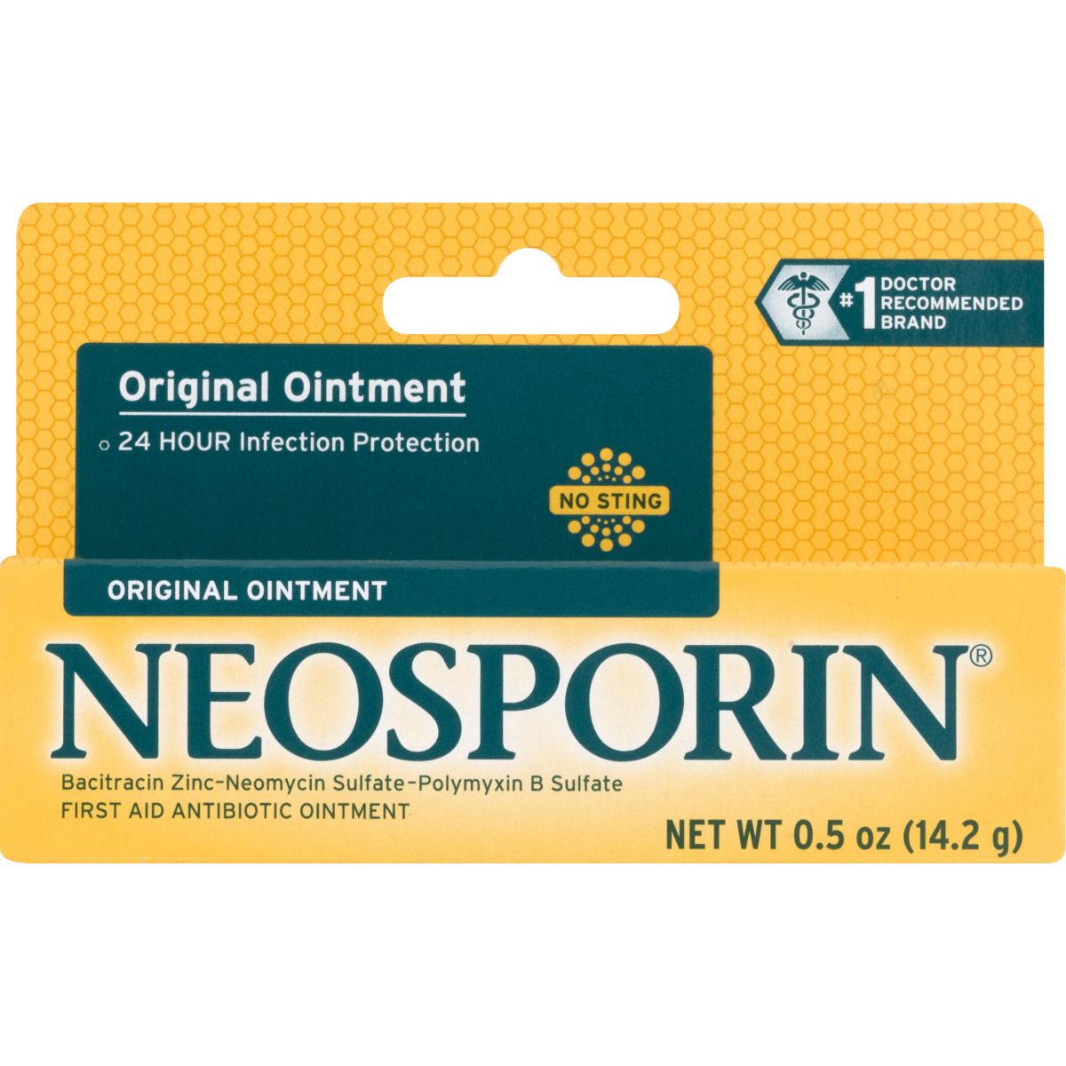Neosporin Triple Antibiotic ointment in a 0.5 oz tube, first aid antibiotic treatment for minor cuts and skin infections.