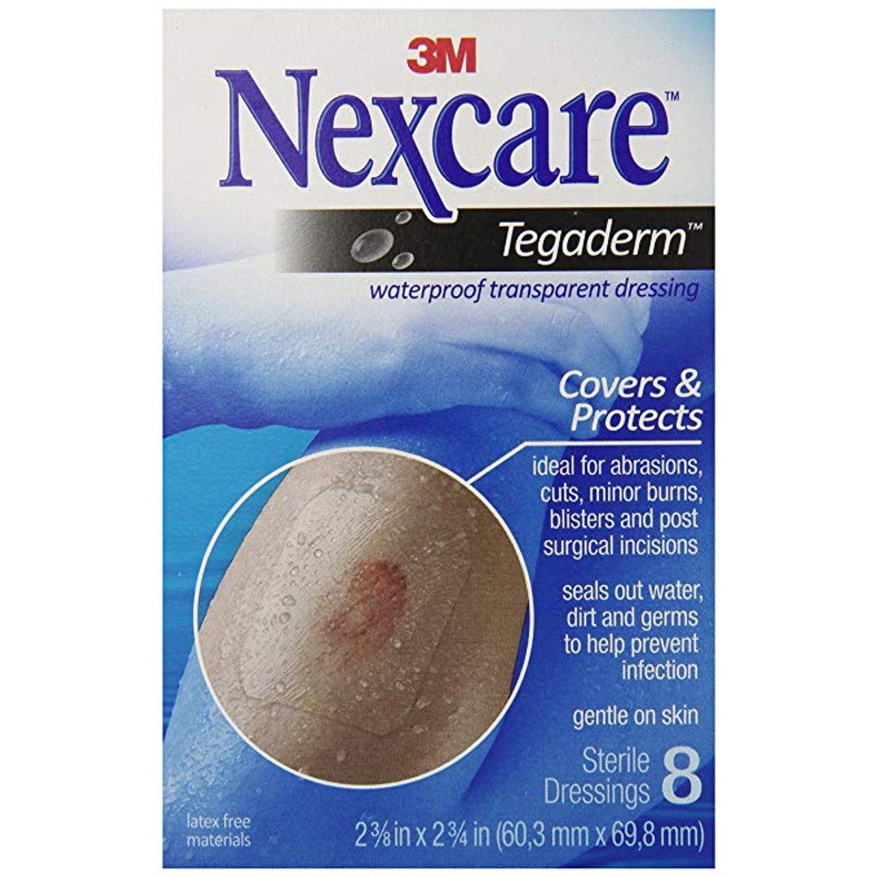Nexcare Tegaderm waterproof transparent dressing on skin, 2.375 x 2.75 inches, applied for wound protection, 8 pack.