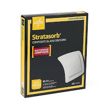 Six 6x6-inch StrataSorb™ Composite Island Dressings by Pasteur Pharmacy, displayed on a clean medical surface.