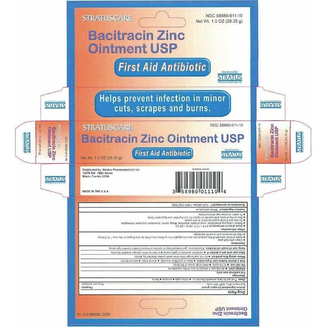 Stratuscare Bacitracin Zinc Ointment in a 1 oz tube, first aid antibiotic medication for minor cuts and skin infections.
