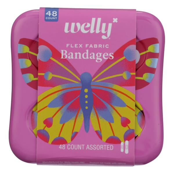 Box of Welly Butterfly Bandages from Pasteur Pharmacy, 48-count, first aid supplies for small cuts and wounds.