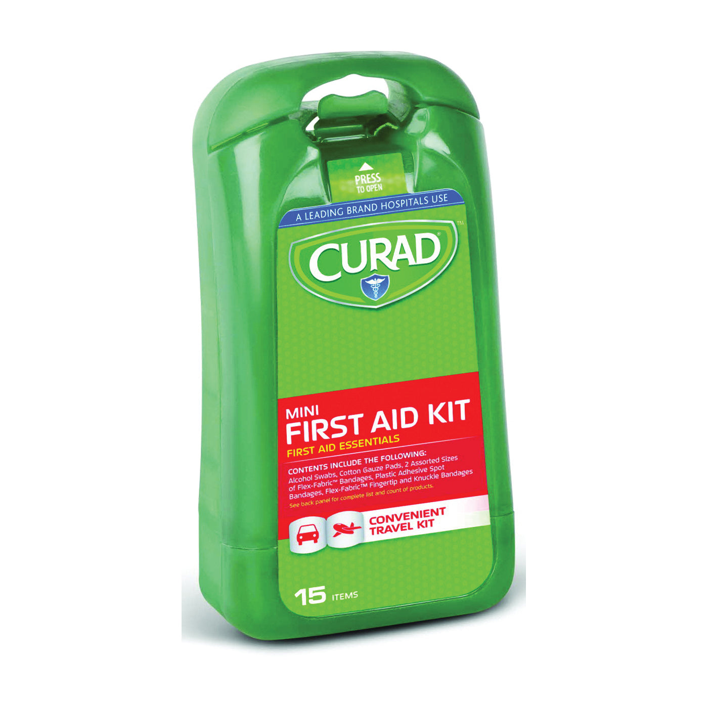 Mini Curad First Aid Kit from Pasteur Pharmacy with assorted bandages, antiseptic wipes, and first aid essentials in a compact case.
