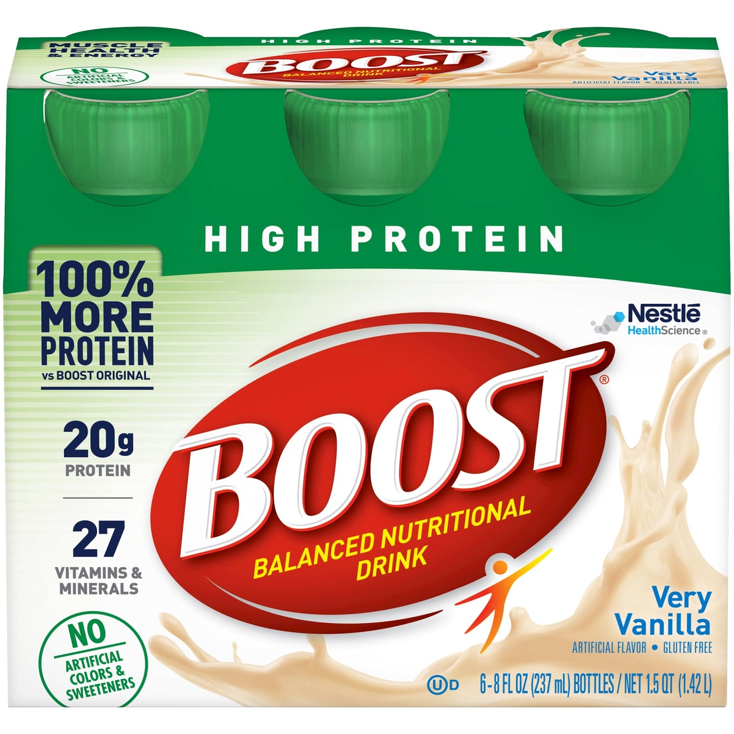 Boost High Protein Balanced Nutritional Drink in Very Vanilla flavor, featuring a sleek bottle with nutritional info on the label.