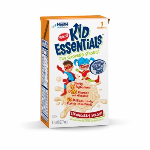 Boost Kid Essentials pediatric oral supplement in strawberry splash flavor, 8 oz carton, ready-to-use nutritional supplement for children.