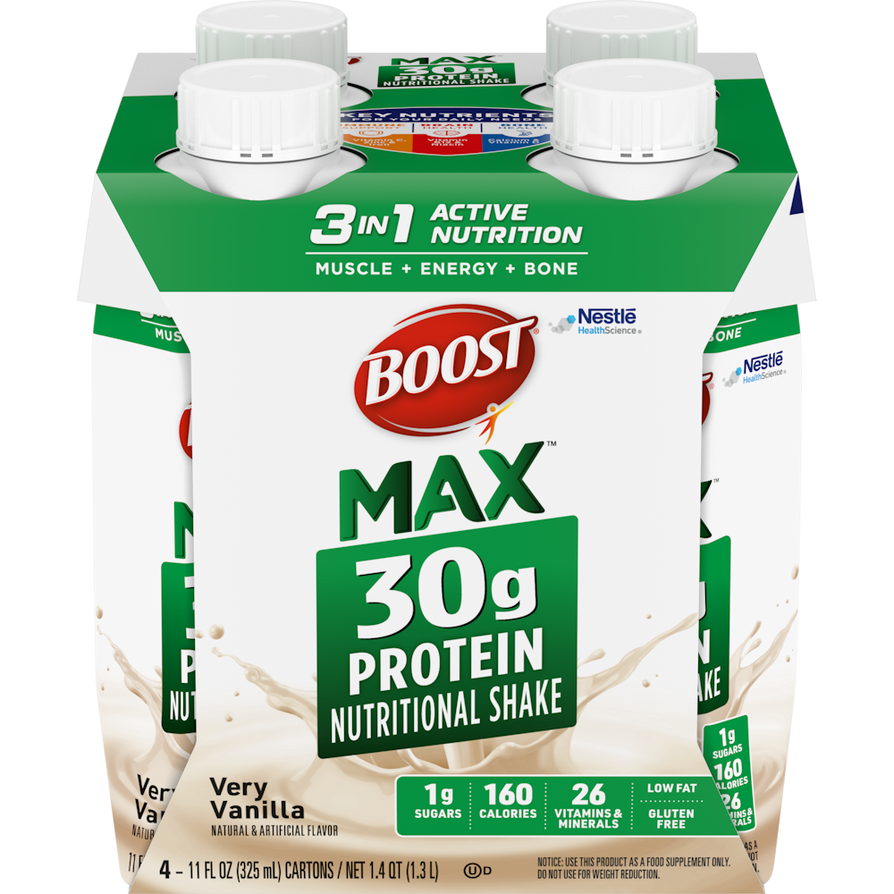 Boost Max 30g high protein Very Vanilla shake in 11 fl oz bottle, from Pasteur Pharmacy, for fitness and nutrition.