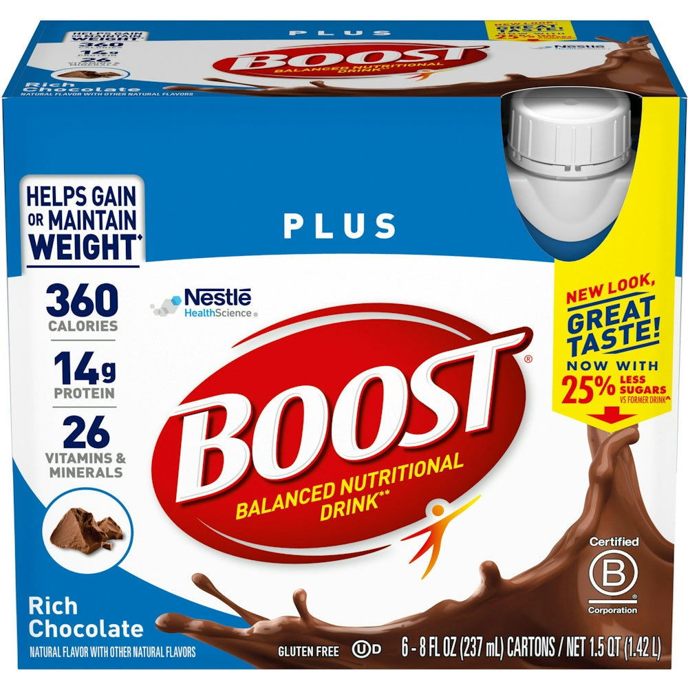 Six 8oz bottles of Boost Plus Complete Nutritional Drink in Rich Chocolate flavor, featuring the product label and packaging.