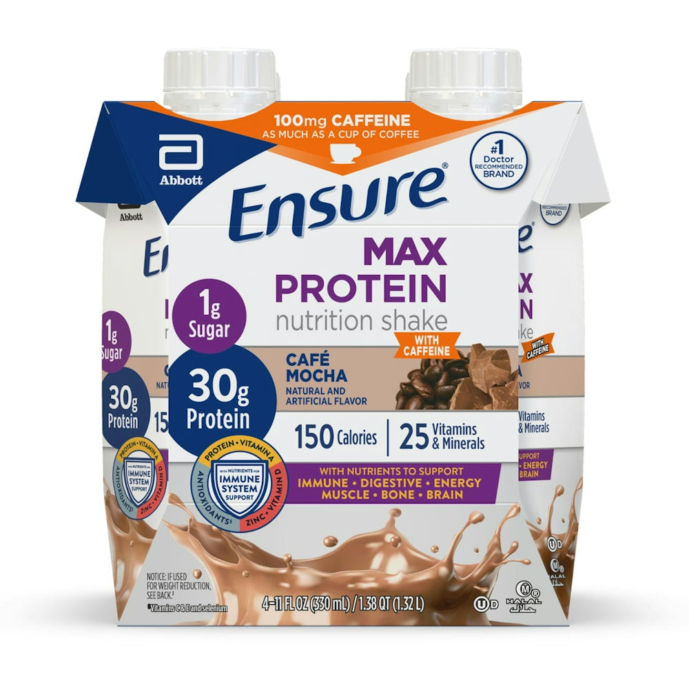 Ensure Max Protein Cafe Mocha Nutrition Shake 4-pack, 11 fl oz cartons, rich chocolate-flavored fitness and nutrition beverage.