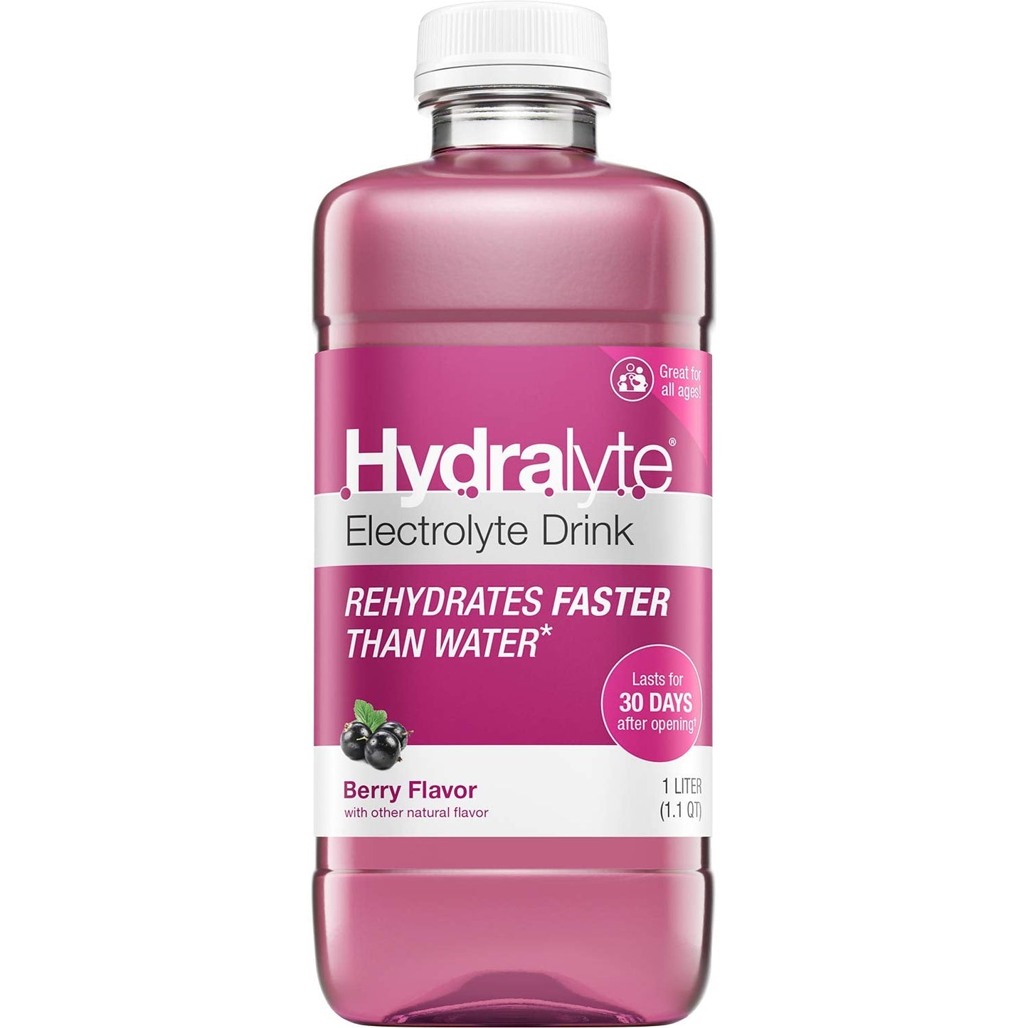 Hydralyte electrolyte berry liquid in a 33.8 oz bottle, ideal for hydration and fitness nutrition by Pasteur Pharmacy.