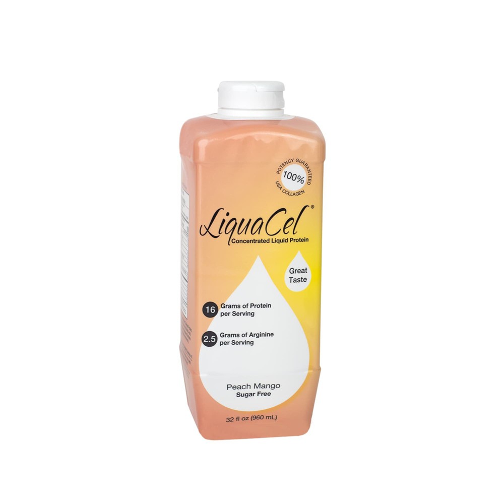 LiquaCel Liquid Protein in Peach Mango flavor, 32 oz bottle, suitable for fitness and nutrition from Pasteur Pharmacy.