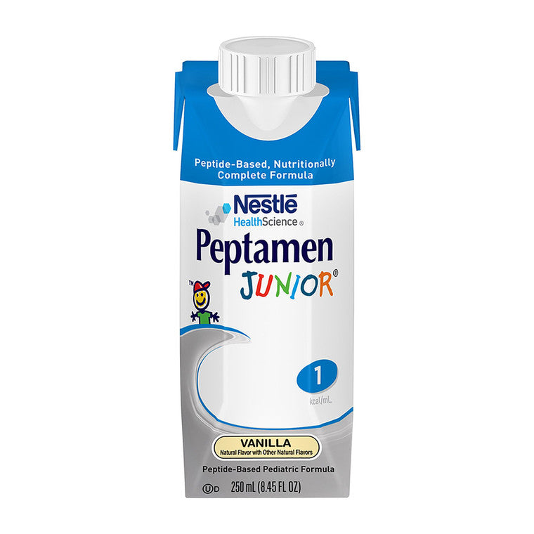 Nestle Peptamen Junior Complete Vanilla liquid nutrition drink for children, 24 packs of 8 oz bottles, suitable for fitness and nutrition.