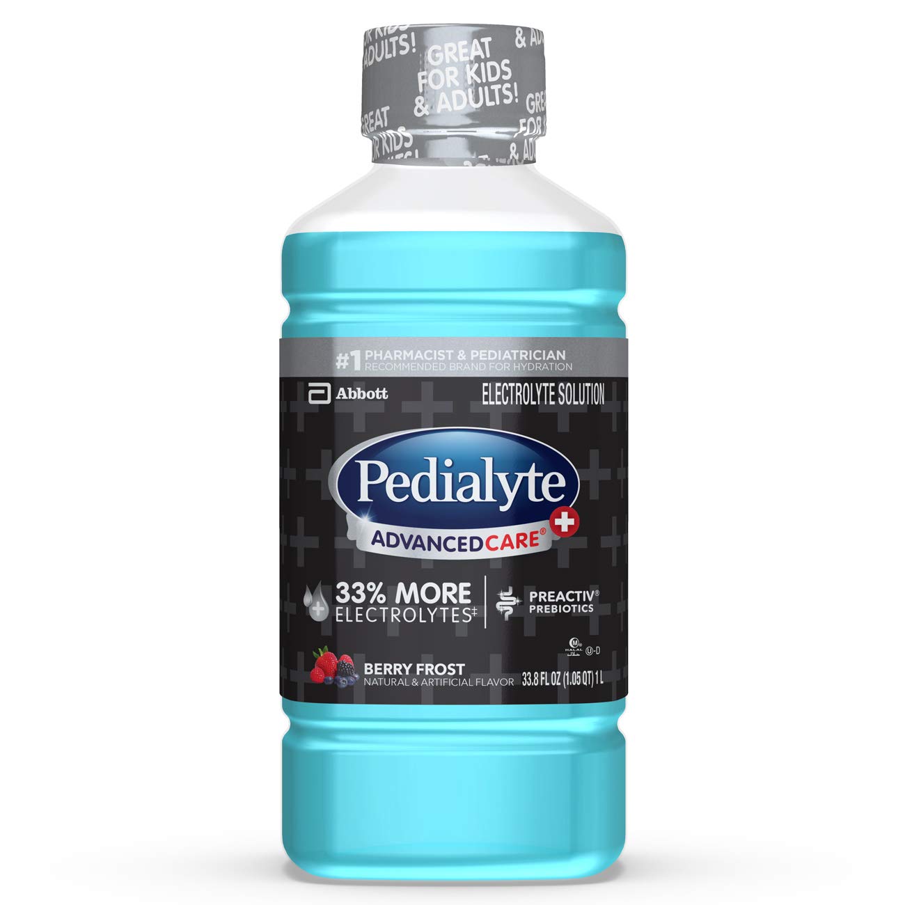 Pedialyte AdvancedCare Plus electrolyte drink in Berry Frost flavor, designed for hydration and recovery, by Pasteur Pharmacy.