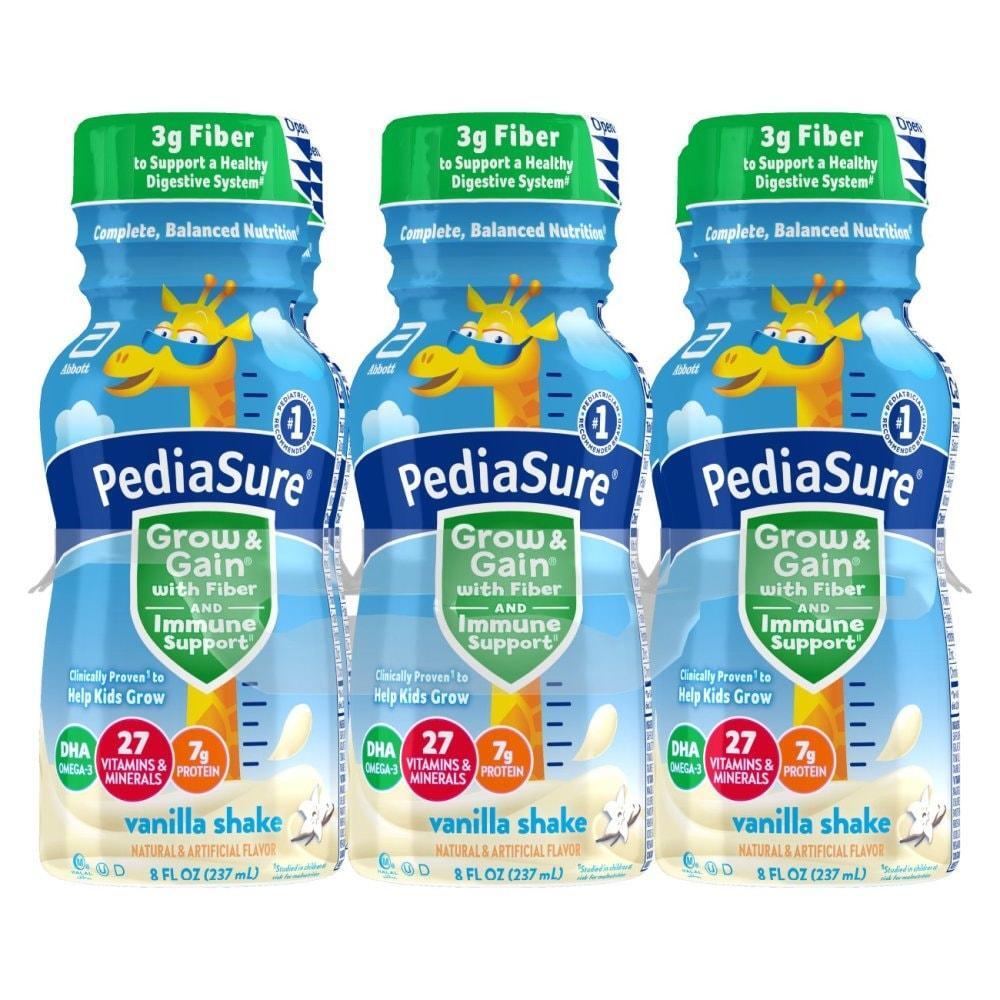 PediaSure Grow & Gain Kids' Vanilla Nutritional Shake bottles with fiber, 8 fl oz, six-pack, from Pasteur Pharmacy.