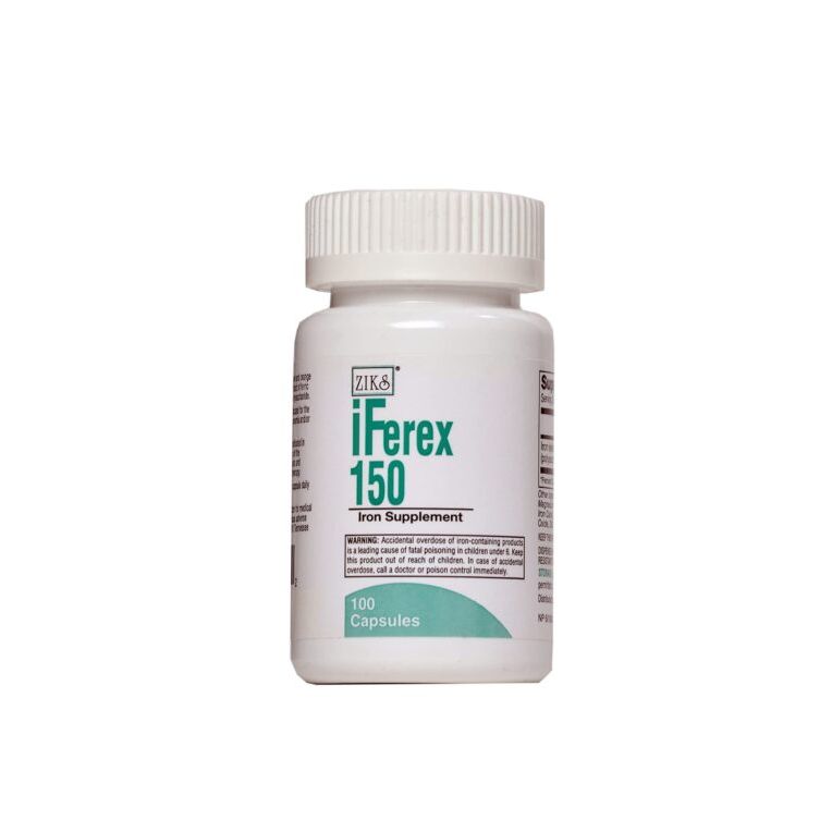 Ziks Ferrex 150 Iron Complex Capsules for fitness and nutrition, shown in a clear container with label, from Pasteur Pharmacy.
