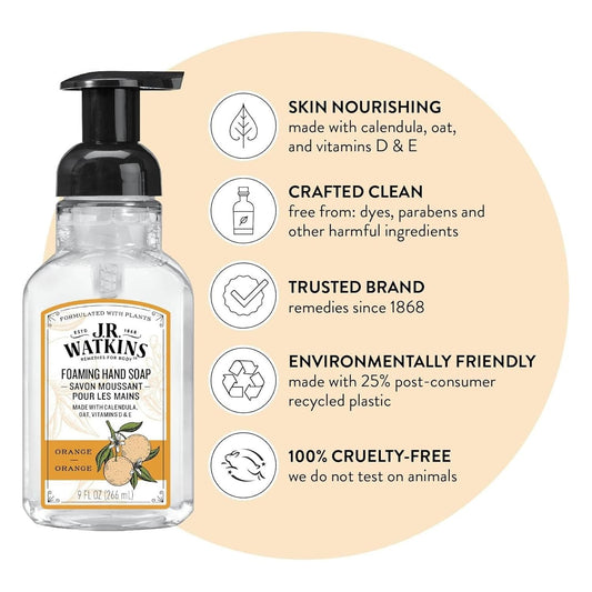 J.R. Watkins Orange Foaming Hand Soap in a 9 oz bottle with bright orange citrus label and pump dispenser.