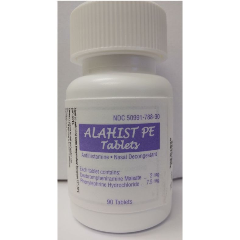 Alahist PE Tab folder tabs by Pasteur Pharmacy, 2/7.5mg, 90-count poly pack, designed for organizing medication labels.