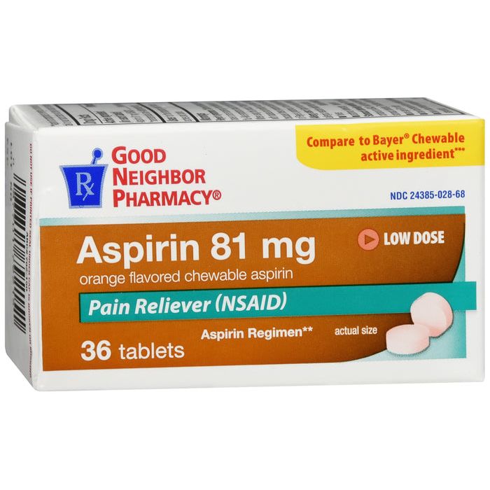 Folder tabs labeled G.N.P. Aspirin 81mg orange chew tablet, used for organizing medication and prescriptions.