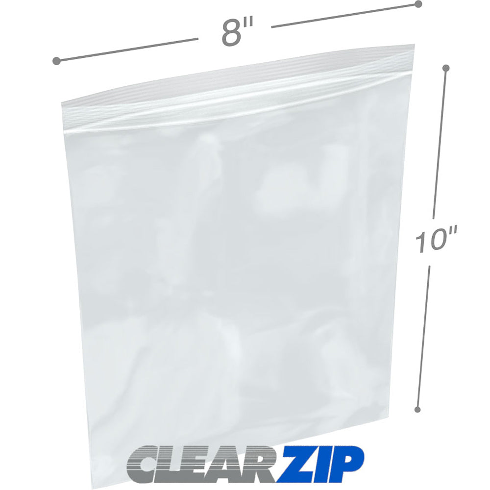 Clear 2 mil zip lock bags for food storage, 8x10 inch size, from Pasteur Pharmacy, shown stacked in a box with multiple bags.