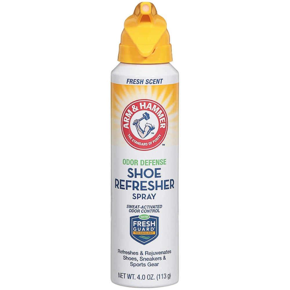 Arm & Hammer Odor Defense Shoe Refresher Spray in 4 oz bottle, foot care product with spray nozzle and freshening formula.