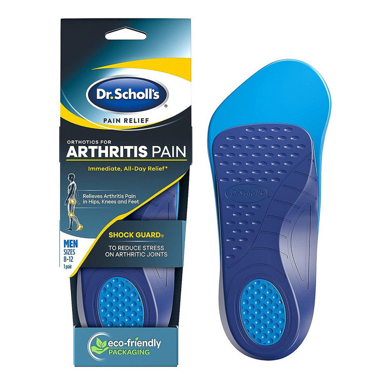 Dr. Scholl's Arthritis Pain Relief Orthotics in size 8-12, shown in a box, designed to provide foot pain relief and support.