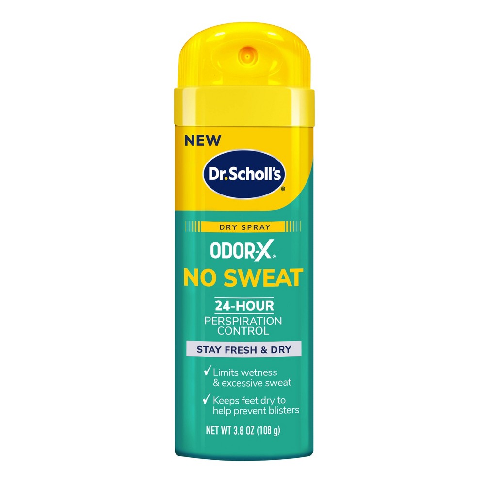 Dr. Scholl's Odor X No Sweat Dry Foot Spray in 3.8oz bottle, foot care product for odor and sweat control, shown in container.