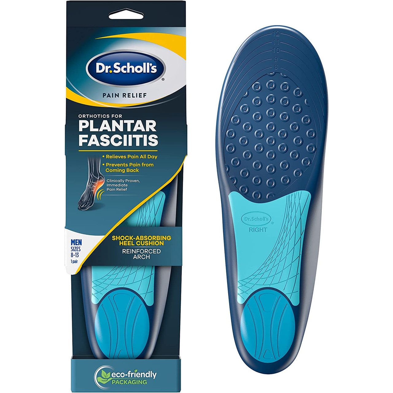 Dr. Scholl's Plantar Fasciitis pain relief orthotics for men, size 8-13, designed for foot support and comfort.