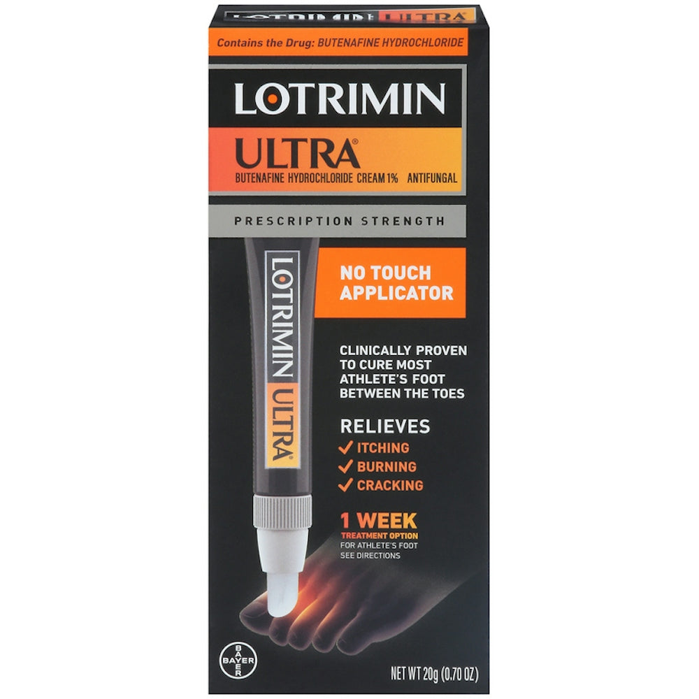 Lotrimin Ultra Antifungal No Touch Cream for foot care, 0.7oz tube, with a simple white and blue packaging design.