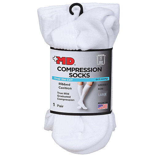 Large unisex white ribbed over-the-calf compression sock for foot and leg support by Pasteur Pharmacy, one size fits most.