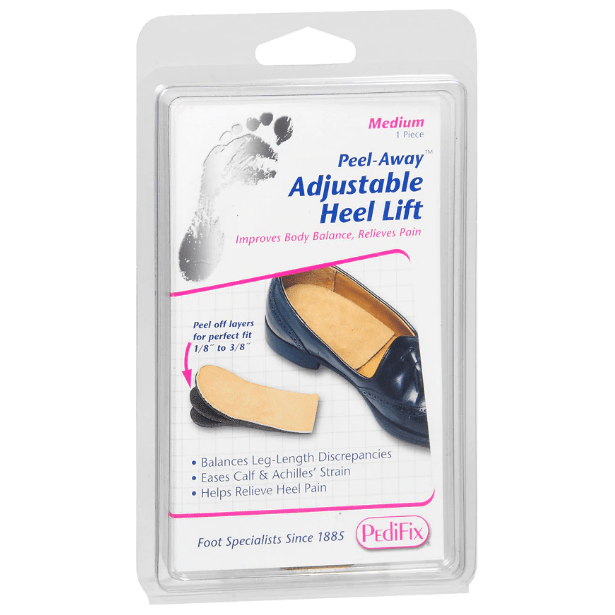 PediFix Peel Away Adjustable Heel Lift in medium size, designed for foot pain relief and foot care, shown in the image.
