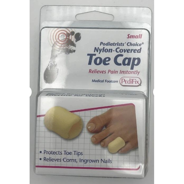 Small PediFix toe cap with nylon cover, designed for foot care and toe protection, shown on a clean foot.