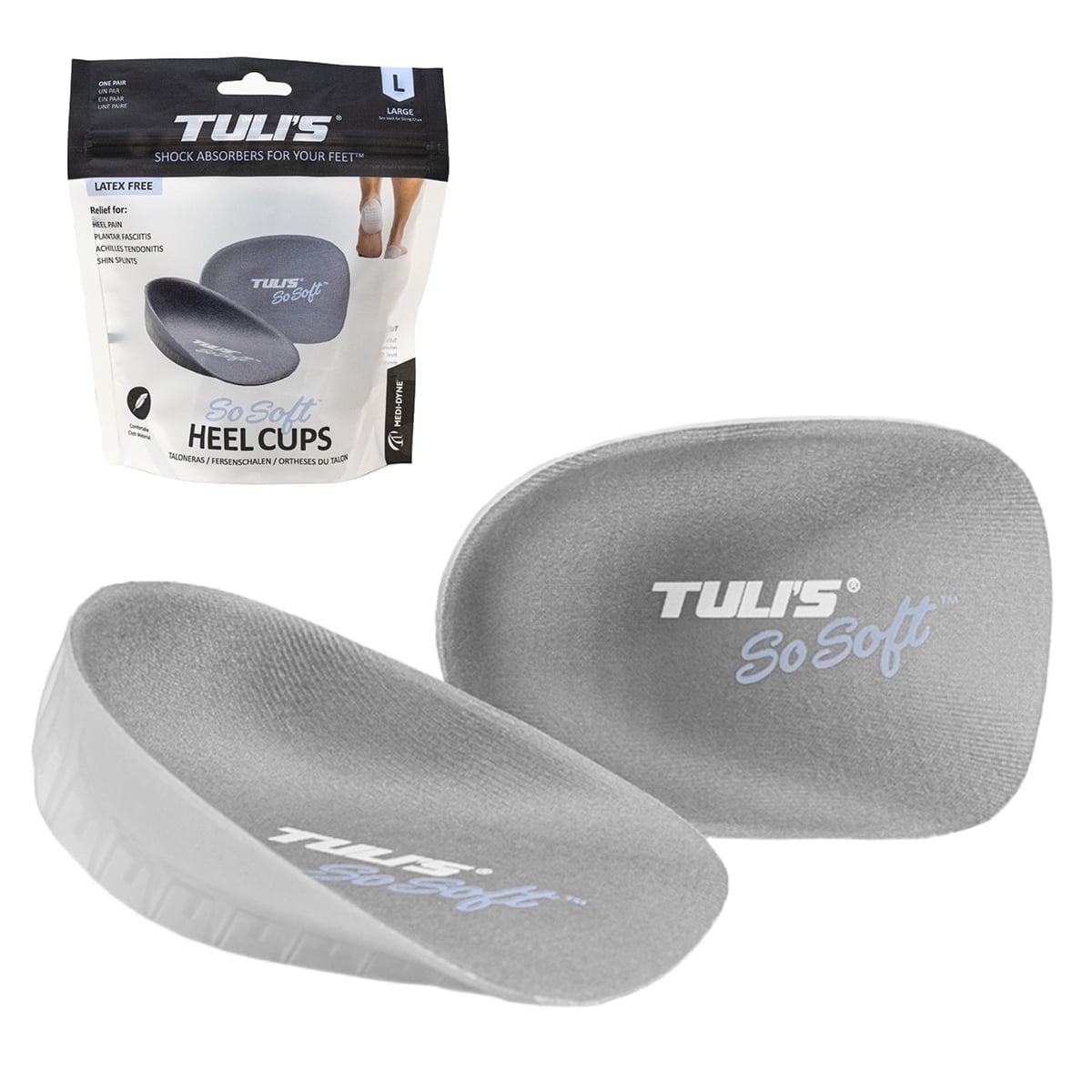 Tuli's S So Soft heavy-duty gel heel cups for plantar fasciitis and heel pain relief, large size, placed inside a shoe.