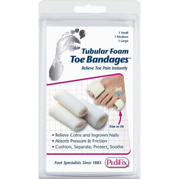 Small PediFix tubular foam toe bandages for foot care, shown in a pack of three by Pasteur Pharmacy.