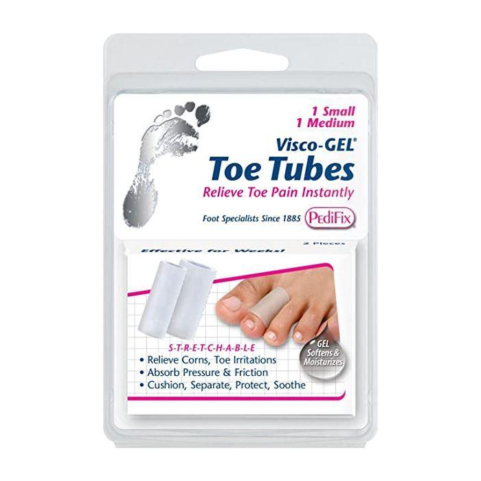 Two PediFix Visco-Gel All-Gel Toe and finger tubes from Pasteur Pharmacy, designed for foot and finger comfort and protection.