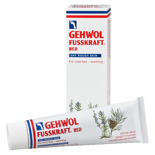 Gehwol Fusskraft Red Warming Foot Cream 75 ml in a tube, designed to soothe and warm tired feet.
