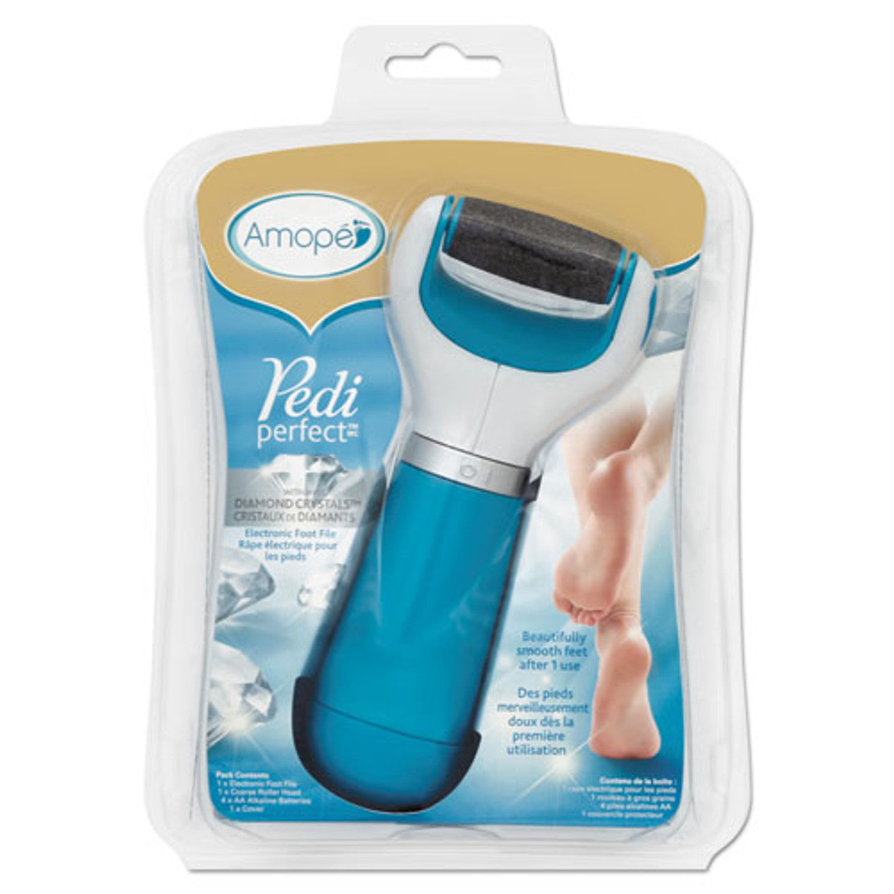 Amope Pedi Perfect Extra Coarse Electronic Foot File showing its ergonomic handle and coarse grinding surface for foot exfoliation.
