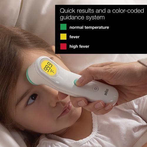 Braun BFH175 white forehead thermometer displayed with digital screen and measurement probe for accurate temperature reading.