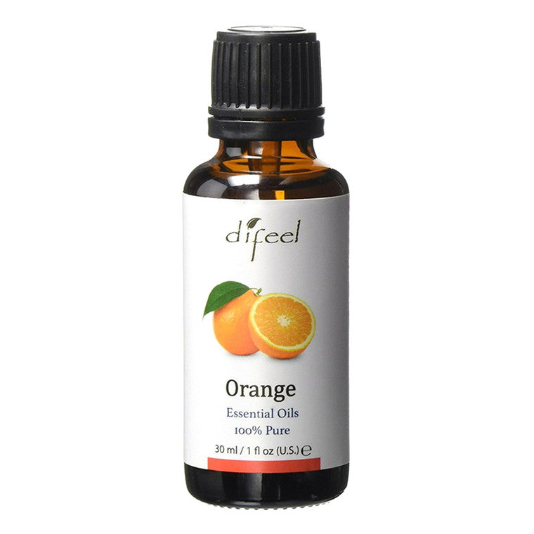 Difeel 100% pure orange fragrance oil in a 1-ounce bottle, showcasing the vibrant orange liquid inside.