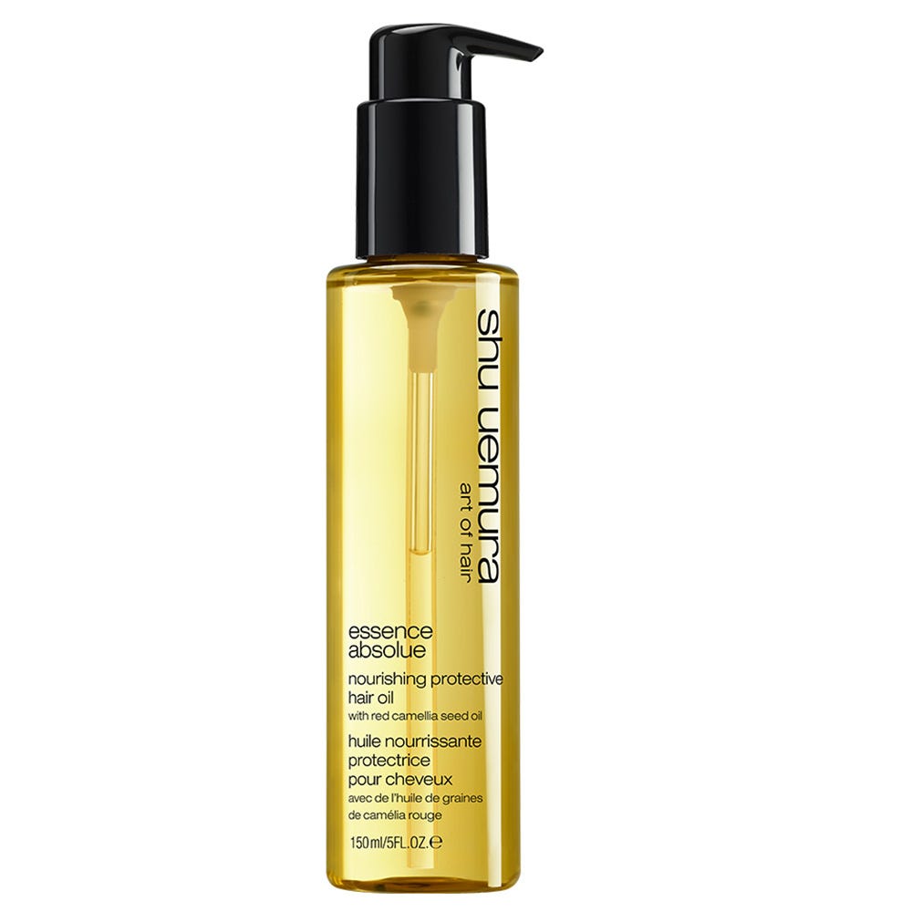 Shu Uemura Essence Absolue nourishing protective hair oil in a sleek bottle, designed for deep conditioning and shine.