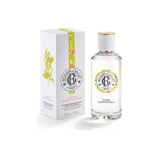 Roger & Gallet Fleur d'Osmanthus Wellbeing Fragrant Water 100ml, elegant bottle with floral design and gold accents